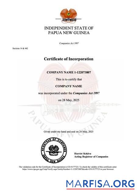 Realistic Papua New Guinea certificate of incorporation Word and PDF template